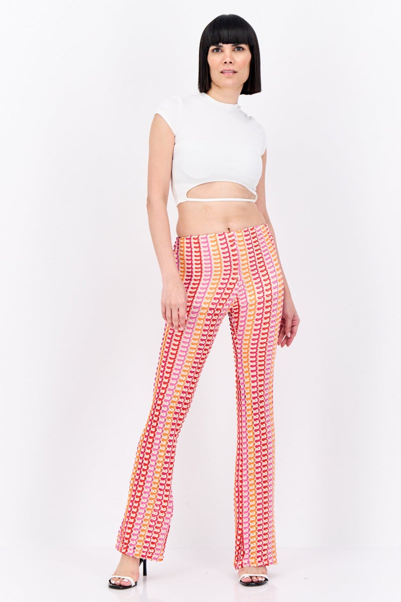 Bershka Women Regular Fit Crochet Wide Leg Pants, Red - Image 4