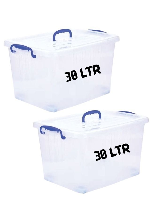 HIWARE Plastic Storage Box 30 Ltr 2 Pcs Set With Lockable Lid And Wheels | Clear Plastic Storage Boxes With Lids | Transparent Organizer For Clothes, Toys, Tools, Arts And Crafts | Home Storage ( SET OF 2 ) - Image 1