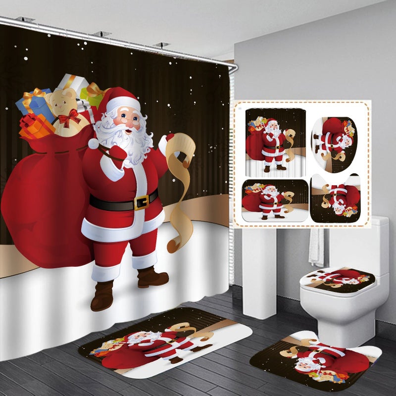 Y&D Christmas Bathroom Shower Curtains 4pcs Set Bath Rug Set with Non-Slip Rugs Luxury Shower Curtain - Image 1