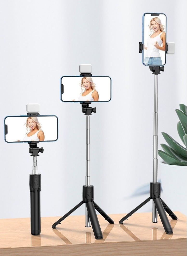 5 - section retractable mini selfie stick, with a tripod stand, a remote control and a fill light, in black.  - Image 2
