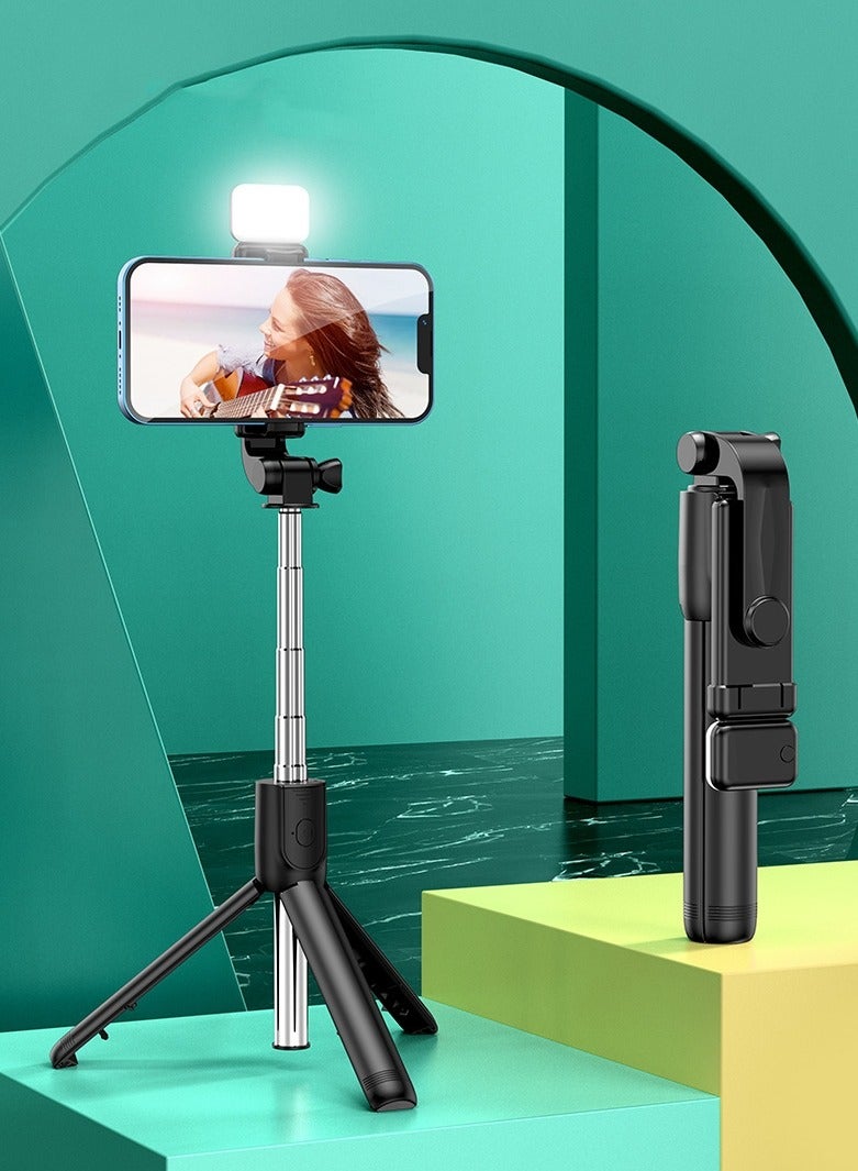 5 - section retractable mini selfie stick, with a tripod stand, a remote control and a fill light, in black.  - Image 3
