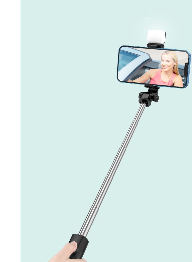 5 - section retractable mini selfie stick, with a tripod stand, a remote control and a fill light, in black.  - Image 4