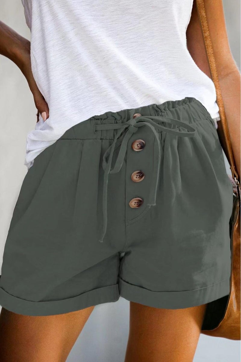 FEKOAFE Women's Solid High Waist Shorts Front Button Drawstring Elastic Waist Comfy Lounge Shorts for Women Army Green Large - Image 5