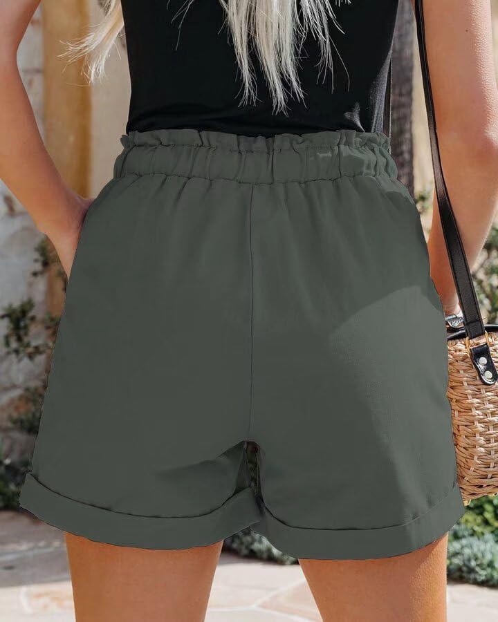FEKOAFE Women's Solid High Waist Shorts Front Button Drawstring Elastic Waist Comfy Lounge Shorts for Women Army Green Large - Image 3