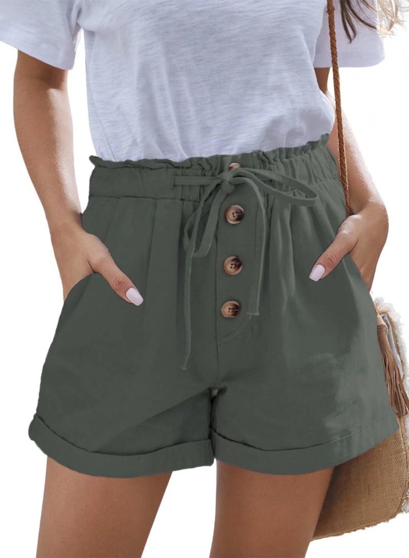 FEKOAFE Women's Solid High Waist Shorts Front Button Drawstring Elastic Waist Comfy Lounge Shorts for Women Army Green Large - Image 4