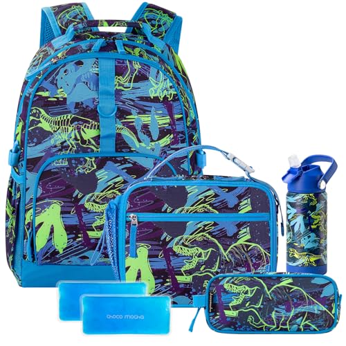 Choco Mocha Dinosaur Backpack School Backpack Set for Boys, Kids Backpacks and Lunch Box Set with Water Bottle Elementary School 17 Inch Bookbag, Blue - Image 1