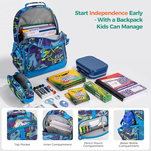 Choco Mocha Dinosaur Backpack School Backpack Set for Boys, Kids Backpacks and Lunch Box Set with Water Bottle Elementary School 17 Inch Bookbag, Blue - Image 4