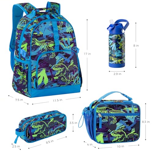 Choco Mocha Dinosaur Backpack School Backpack Set for Boys, Kids Backpacks and Lunch Box Set with Water Bottle Elementary School 17 Inch Bookbag, Blue - Image 3