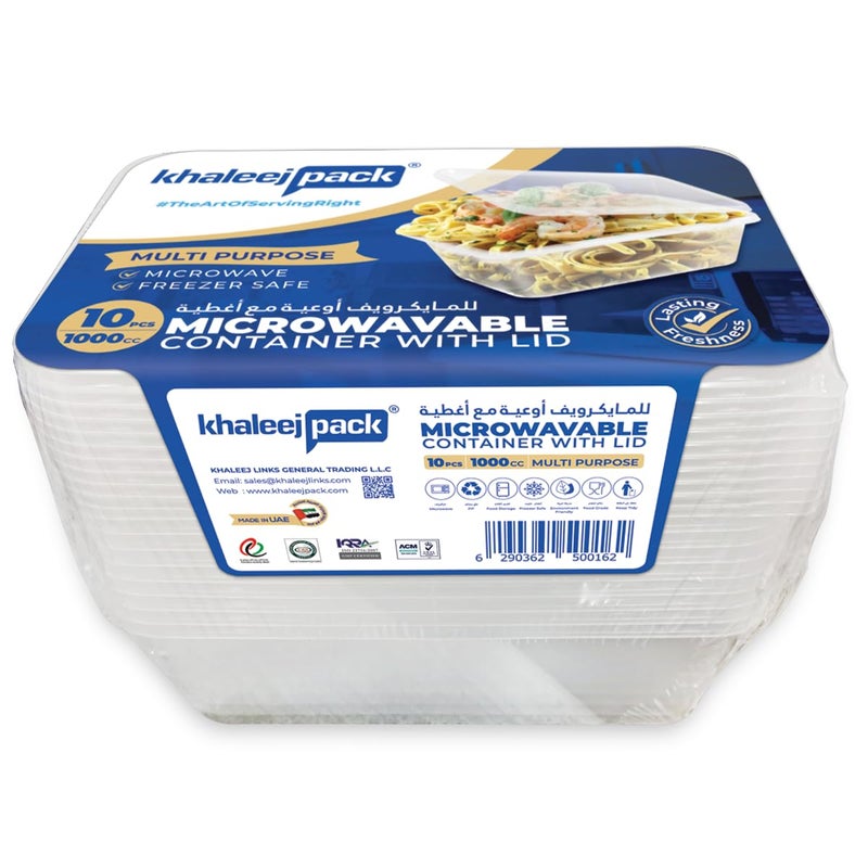 Khaleej Pack 10Pack 1000ml Disposable Rectangular Microwave Safe Plastic Food Containers with Lids  Freezer  Deli Storage Bowls