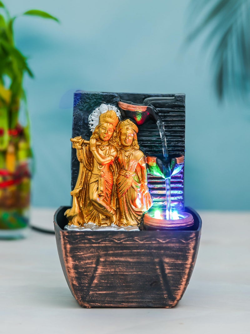 CHRONIKLE Dark Grey Polyresin Tabletop Radhe Krishna 3 Step Indoor Water Fountain for Home Decor with LED, Speed Control Pump (Size: 7 x 5 INCH | Weight: 680 Gram) - Image 1