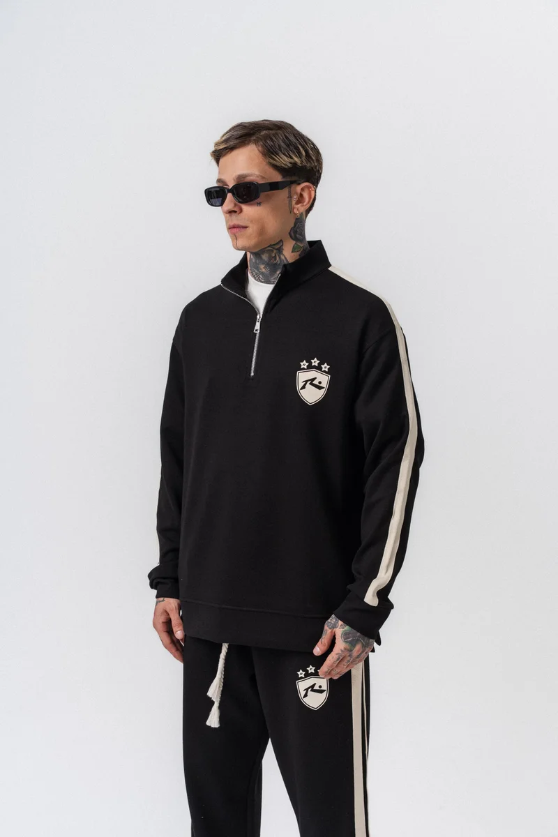 ريسباير سويت شيرت رجالي من المودال (Modal) نصف بسحاب (Half-Zip) بتفاصيل شريط لون أسود