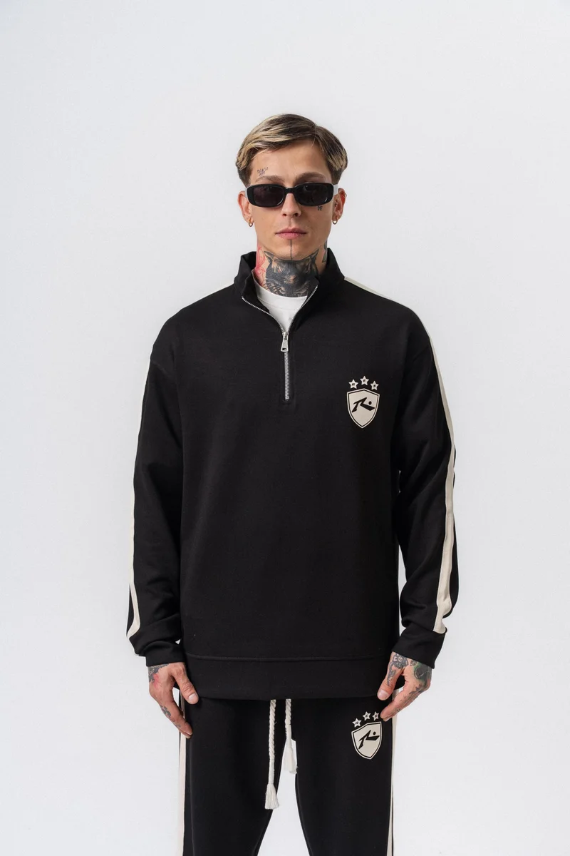 ريسباير سويت شيرت رجالي من المودال (Modal) نصف بسحاب (Half-Zip) بتفاصيل شريط لون أسود