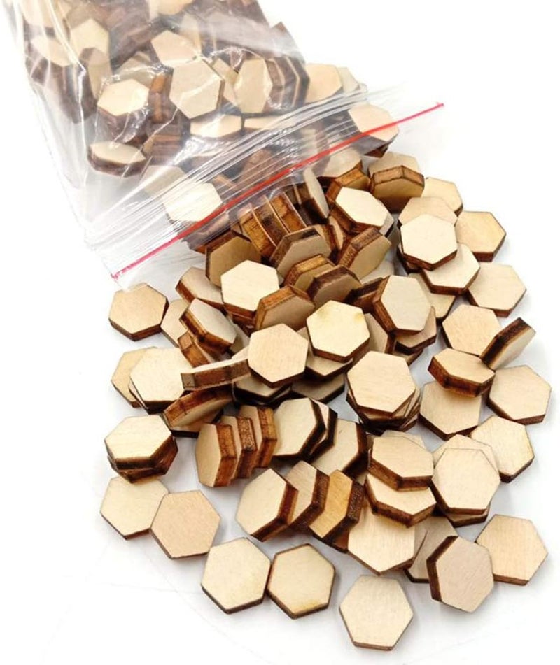 comfrt Hexagon Wood Pieces 200PCS Wooden Pieces Hexagonal Cutout Shapes Wood Mosaic Tile Ornaments Embellishment DIY Crafts Decorations for Wedding Birthday Christmas Wood Puzzle Pieces - Image 2