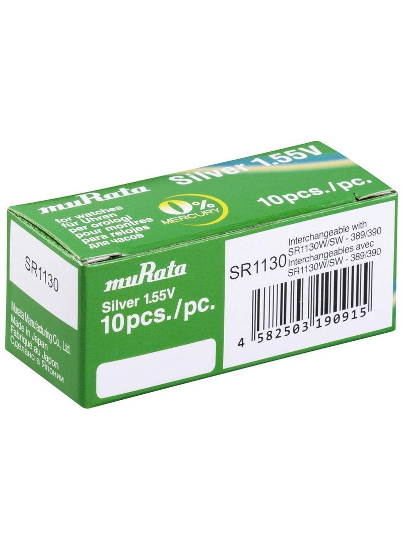 muRATA 10-Pieces Murata 389/390 SR1130/W/SW Silver Oxide 1.55V Watch Batteries  - Image 1