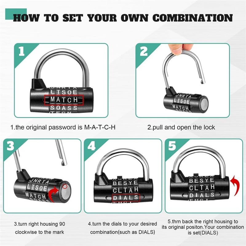 Luckam 5-Digit Combination Lock, Heavy Duty Metal Word Lock, Keyless Resettable Safety Padlock for School Gym Lockers, Toolbox, Hasp Cabinet, 2 Pcs, Silver & Black - Image 4