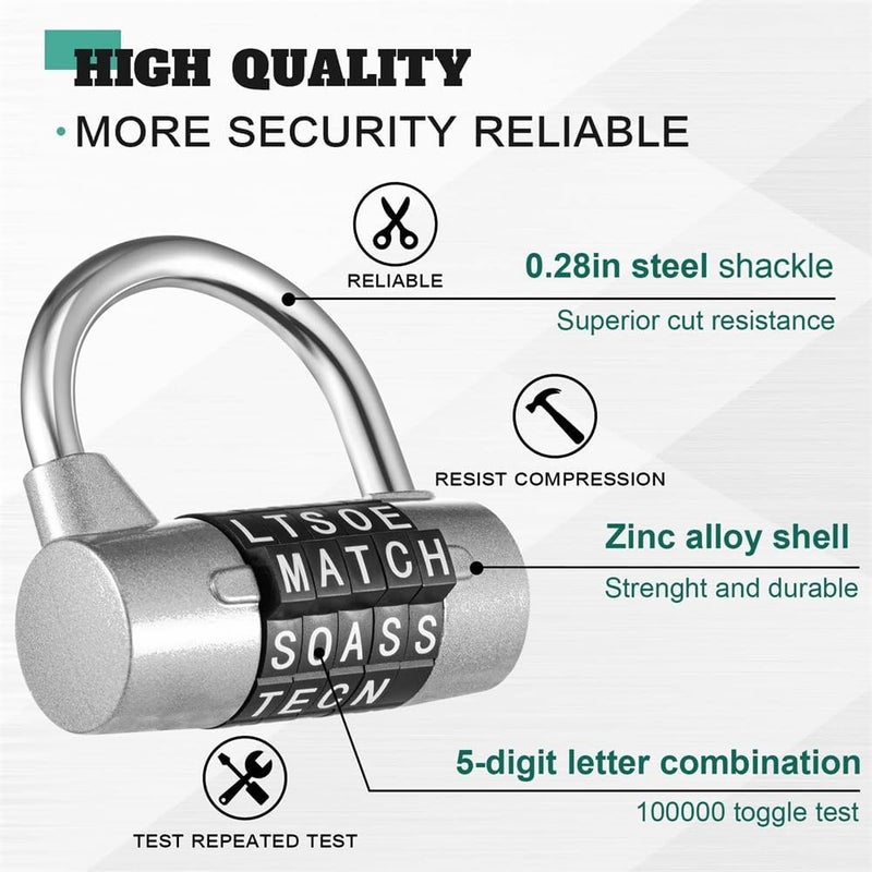 Luckam 5-Digit Combination Lock, Heavy Duty Metal Word Lock, Keyless Resettable Safety Padlock for School Gym Lockers, Toolbox, Hasp Cabinet, 2 Pcs, Silver & Black - Image 5