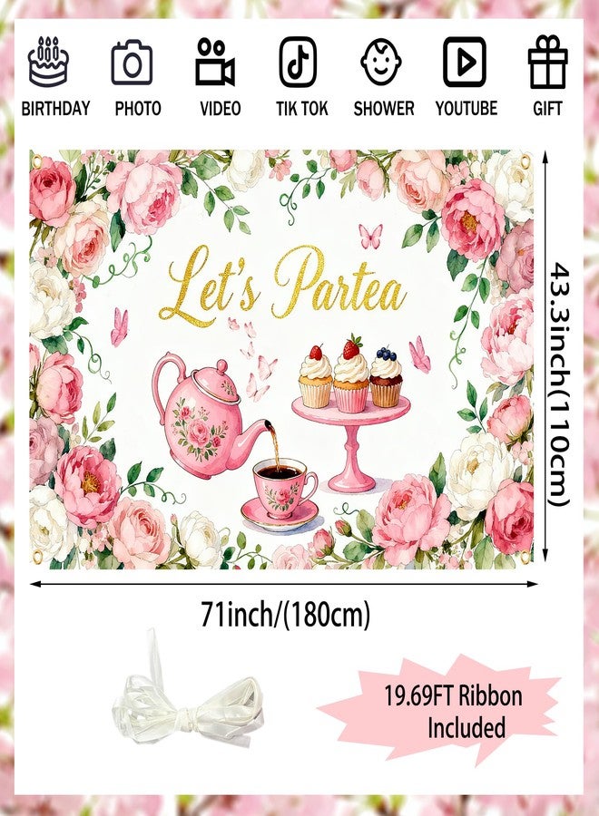 Gaofly Tea Party Backdrop 6x4FT - Let's Partea Banner Decorations with 19.69ft Ribbon, Floral Teapot Background for Tea Party Decorations, Birthday Baby Shower Photo Booth Props - Image 2
