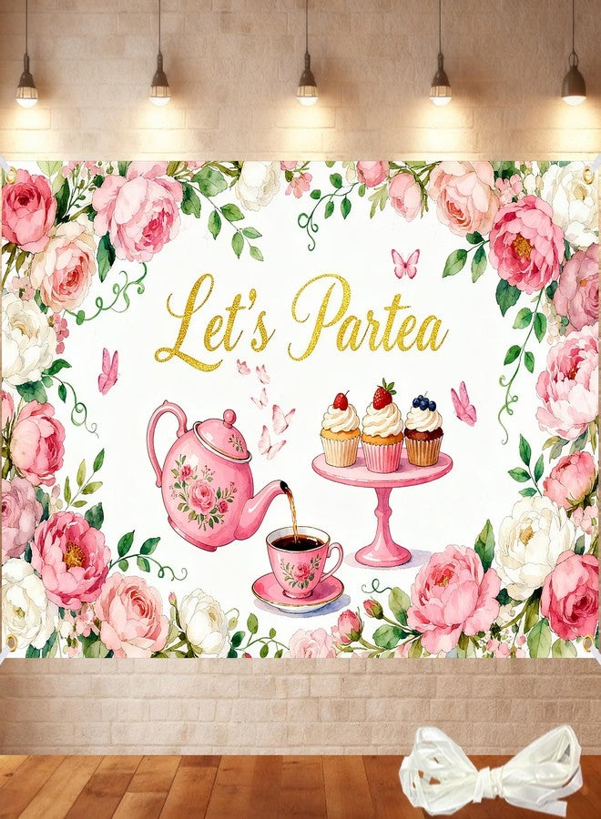 Gaofly Tea Party Backdrop 6x4FT - Let's Partea Banner Decorations with 19.69ft Ribbon, Floral Teapot Background for Tea Party Decorations, Birthday Baby Shower Photo Booth Props - Image 1