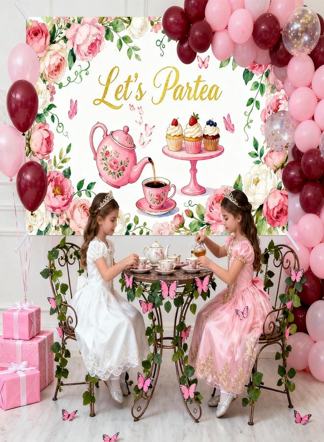 Gaofly Tea Party Backdrop 6x4FT - Let's Partea Banner Decorations with 19.69ft Ribbon, Floral Teapot Background for Tea Party Decorations, Birthday Baby Shower Photo Booth Props - Image 5