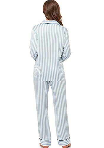 Serenedelicacy Women's Satin Pajama Set Long Sleeve Button Down Sleepwear 2-Piece Silky Pj Set (Medium, Blue, Striped) - Image 2