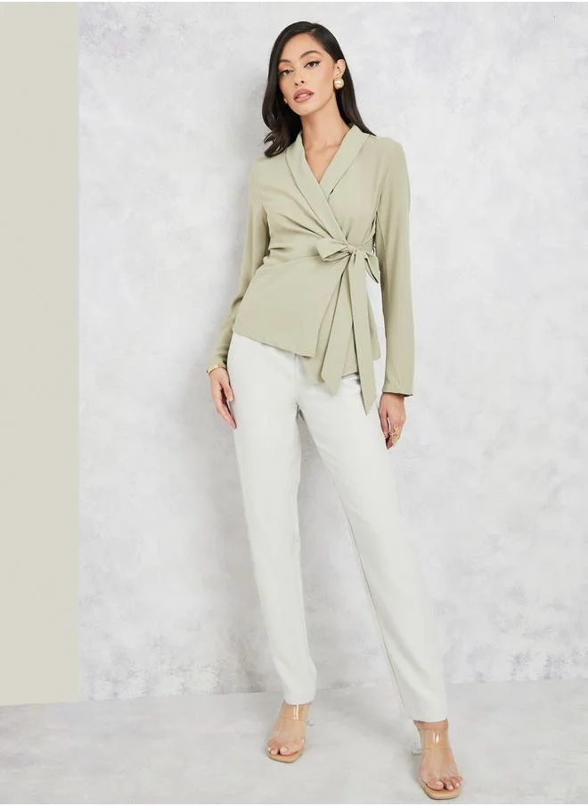 ستايلي Lapel Collared Long Sleeve Wrap Top