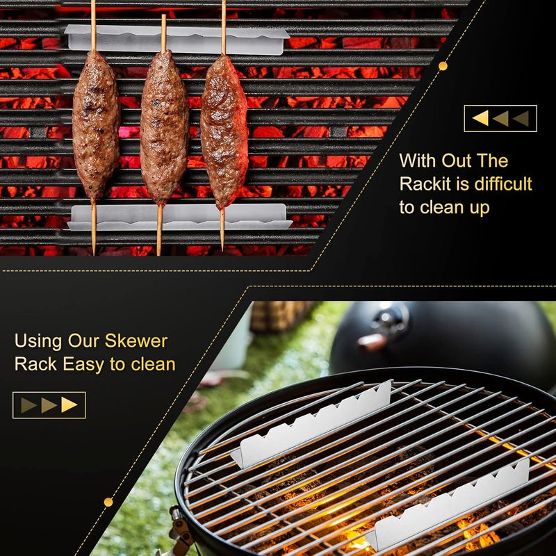 Nuogo 4 Pcs Skewers Holder Stainless Steel Shish Kabob Rack BBQ Long Skewers Rack for Round Flat Wood Metal Bamboo Skewers Grilling Accessories 12 Inch - Image 4