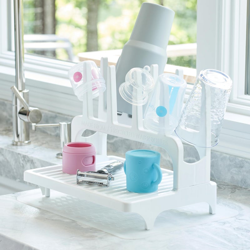 PopYum Glacier White Space Saving Drying Rack from 100% Recycled Bottles with Clear Frosted Silicone Drying Mat, countertop for Baby Bottles, Plastic Bags, Cups, Glass, tumblers, Compact - Image 2