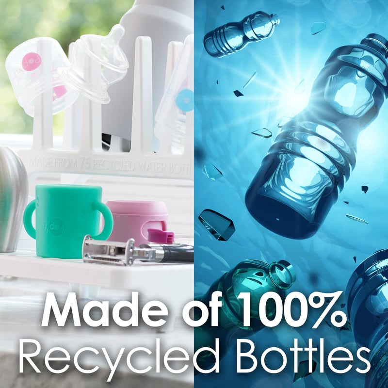 PopYum Glacier White Space Saving Drying Rack from 100% Recycled Bottles with Clear Frosted Silicone Drying Mat, countertop for Baby Bottles, Plastic Bags, Cups, Glass, tumblers, Compact - Image 3