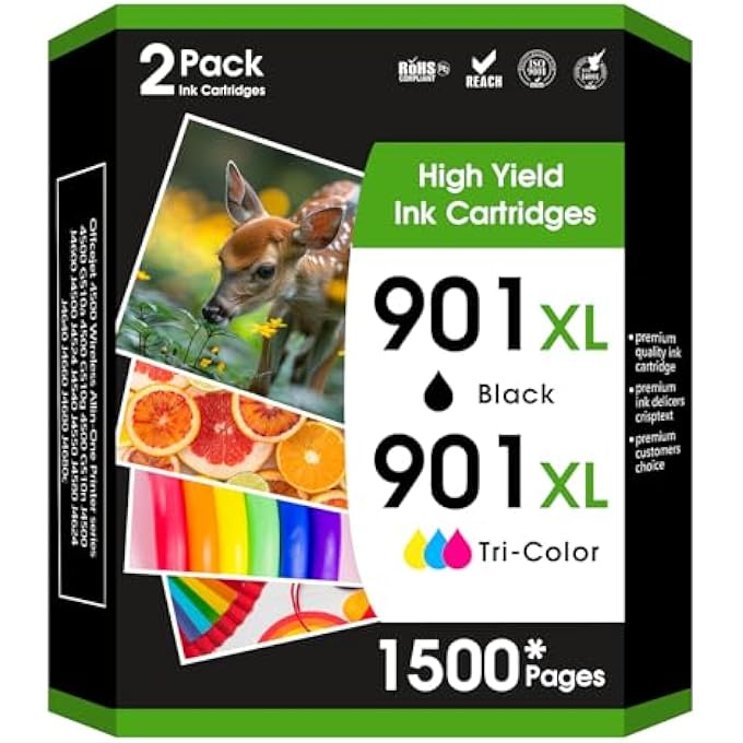 خراطيش حبر 901XL الأسود والملون متوافقة مع طابعة HP حبر 901 تعمل مع طابعة HP OFFICEJET 4500، J4524، J4540، J4550، J4580، J4624، J4680 - Image 2