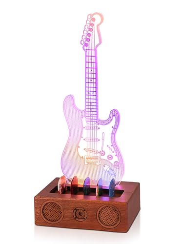 CoolGift Mart Light Up Guitar Pick Holder Acrylic Electric Guitar Pick Holder with Audio Styling Wooden Base for Picks Storage and Display Gift for Guitar Players Guitarists - Image 1