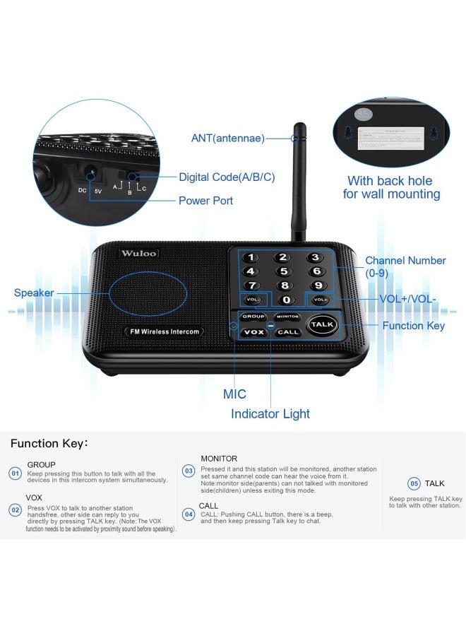 Wuloo Wuloo Intercoms Wireless For Home 5280 Feet Range 10 Channel 3 Code, Wireless Intercom System For Home House Business Office, Room To Room Intercom, Home Communication System (6 Packs, Black)  - Image 5