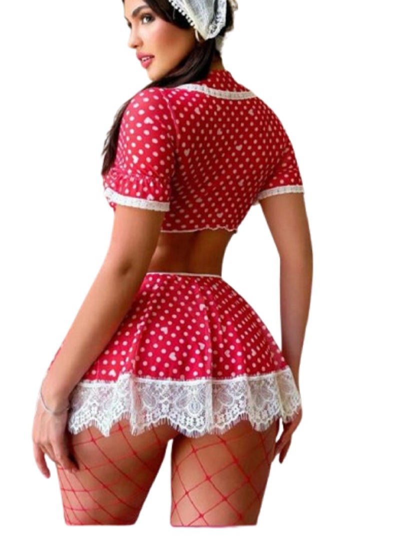 MANIKAN Red Polka Dot Crop Top and Skirt Set with Lace Trim - Image 2