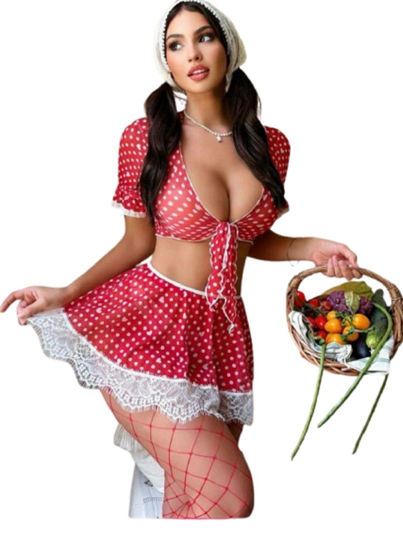 MANIKAN Red Polka Dot Crop Top and Skirt Set with Lace Trim - Image 3