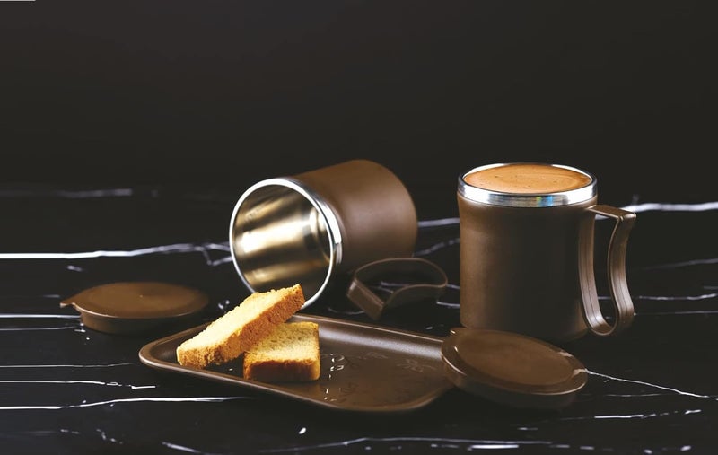 Nestwell Nestwell N339 Couple Coffee Milk Mug with Tray Unbreakable Insulated Double Wall Plastic Inner High Grade Stainless Steel Round Shape Multicolor Tea Cup 2 PCS Set Brown Derby - Image 2
