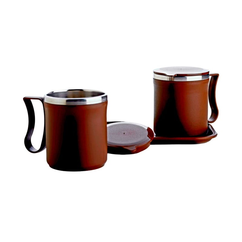 Nestwell Nestwell N339 Couple Coffee Milk Mug with Tray Unbreakable Insulated Double Wall Plastic Inner High Grade Stainless Steel Round Shape Multicolor Tea Cup 2 PCS Set Brown Derby - Image 1