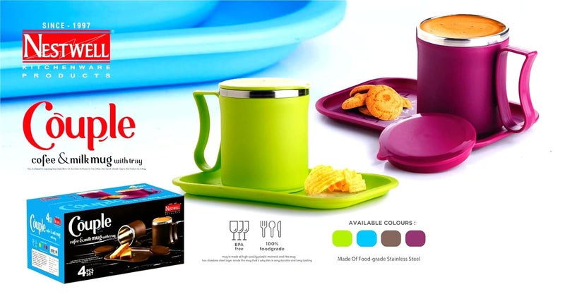 Nestwell Nestwell N339 Couple Coffee Milk Mug with Tray Unbreakable Insulated Double Wall Plastic Inner High Grade Stainless Steel Round Shape Multicolor Tea Cup 2 PCS Set Brown Derby - Image 4