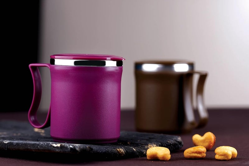 Nestwell Nestwell N339 Couple Coffee Milk Mug with Tray Unbreakable Insulated Double Wall Plastic Inner High Grade Stainless Steel Round Shape Multicolor Tea Cup 2 PCS Set Brown Derby - Image 3