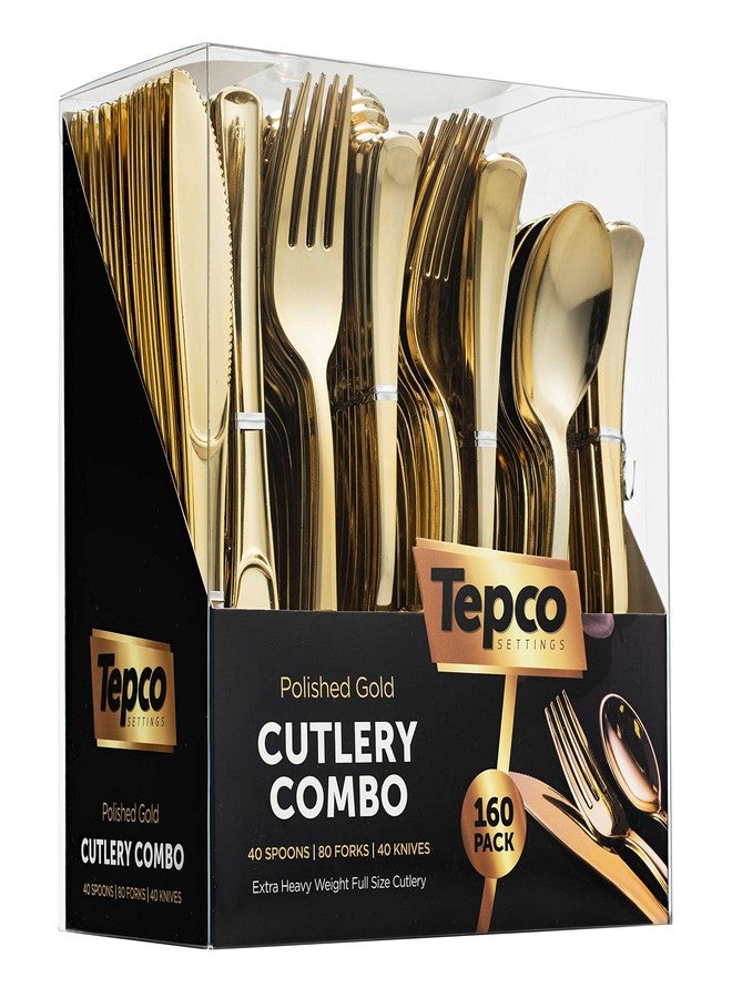Tepco Settings 160 Silverware Set - Disposable Flatware - 80 Plastic Forks, 40 Plastic Spoons, 40 Cutlery Knives - Heavy Duty for Party Bulk Pack (Gold) - Image 1