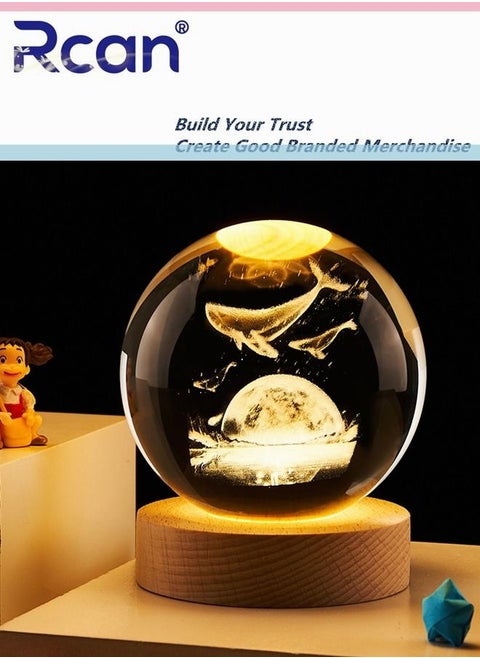 Whale 3D Crystal Ball Glass Luminous Night Lamp For Kids Women Commemorative Gifts Graduation Season Gifts Birthday Gifts