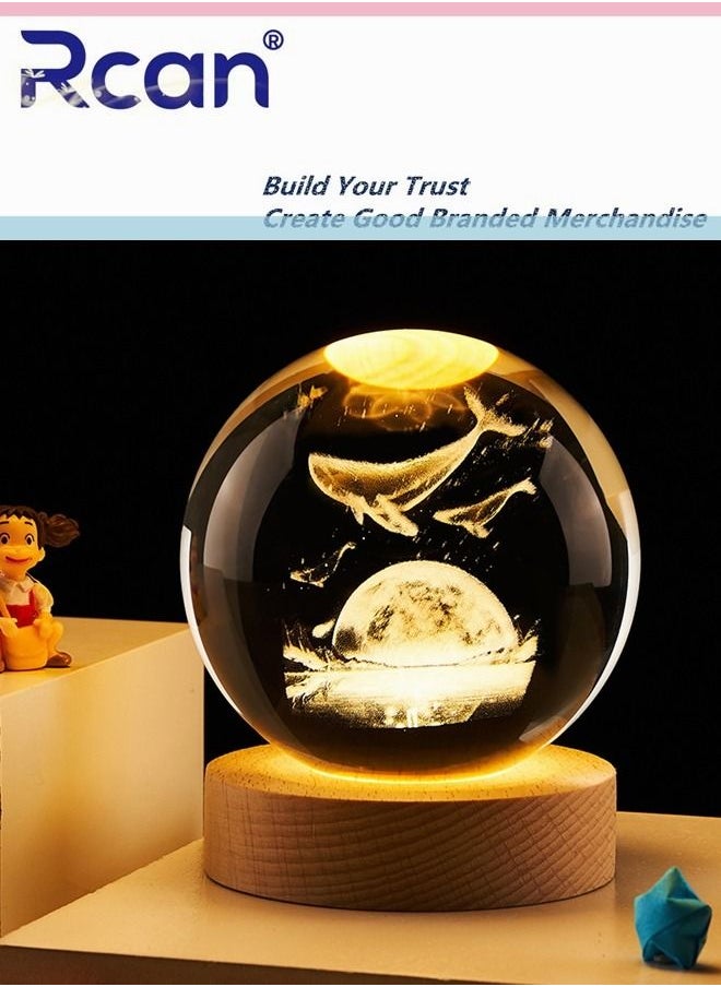 Rcan Whale 3D Crystal Ball Glass Luminous Night Lamp For Kids Women Commemorative Gifts Graduation Season Gifts Birthday Gifts 
