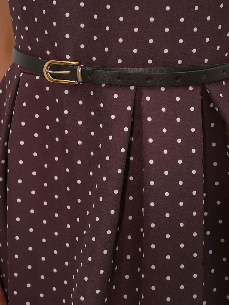 Big Dart Burgundy Red BDART Polka Dot Belted Midi A-Line Dress for Women | Best Price UAE
