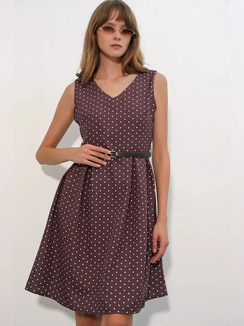 Big Dart Burgundy Red BDART Polka Dot Belted Midi A-Line Dress for Women | Best Price UAE