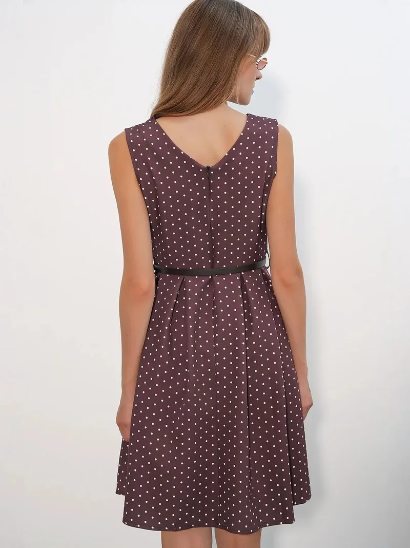 Big Dart Burgundy Red BDART Polka Dot Belted Midi A-Line Dress for Women | Best Price UAE