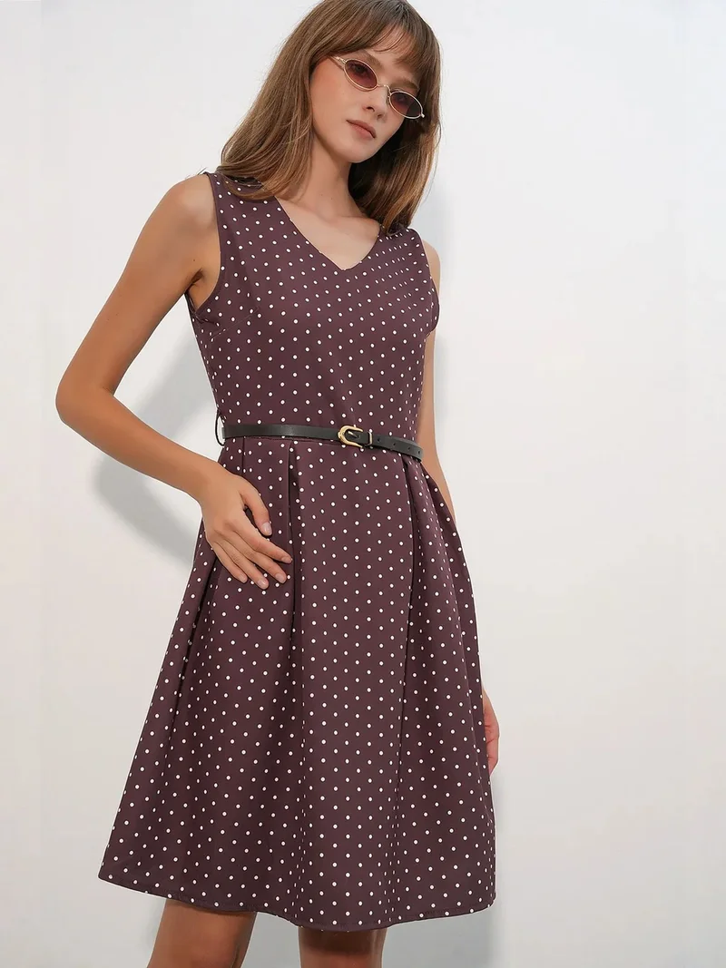 Big Dart Burgundy Red BDART Polka Dot Belted Midi A-Line Dress for Women | Best Price UAE