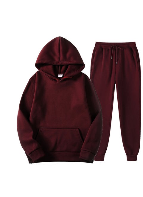 Light Panel Spring New Solid Color Hooded Sweater Casual Sweater Pants Fleece Pullover Set Wine Red