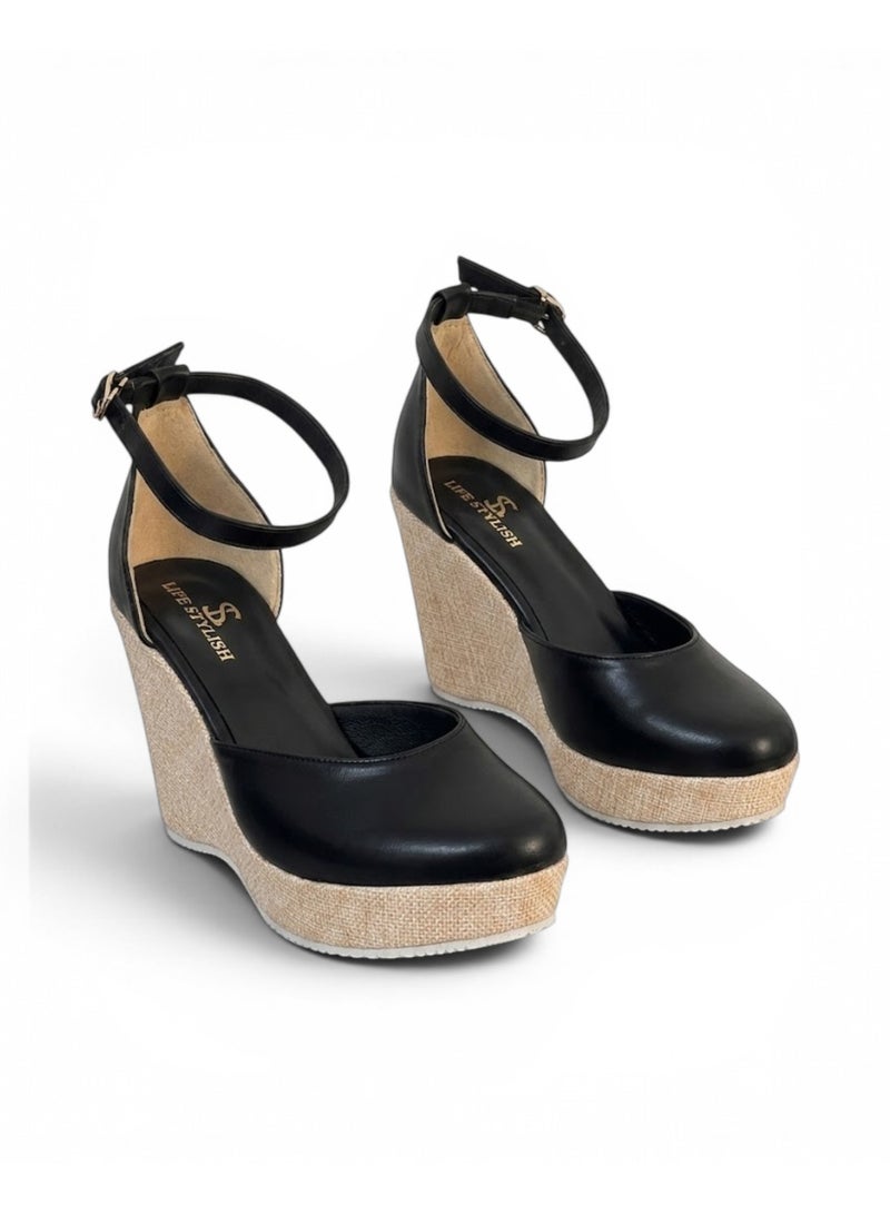 LIFESTYLISH Sandal heel wedge leather with ankle strap W-312 - Black - Image 1