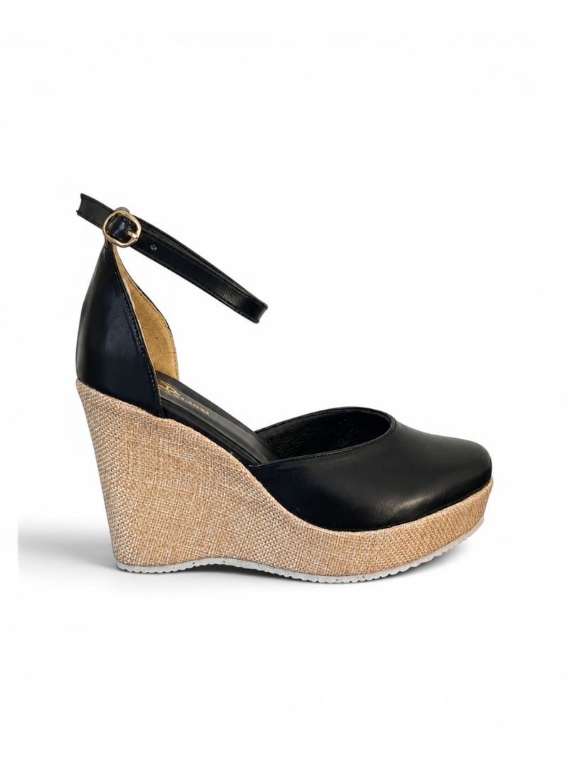 LIFESTYLISH Sandal heel wedge leather with ankle strap W-312 - Black - Image 2