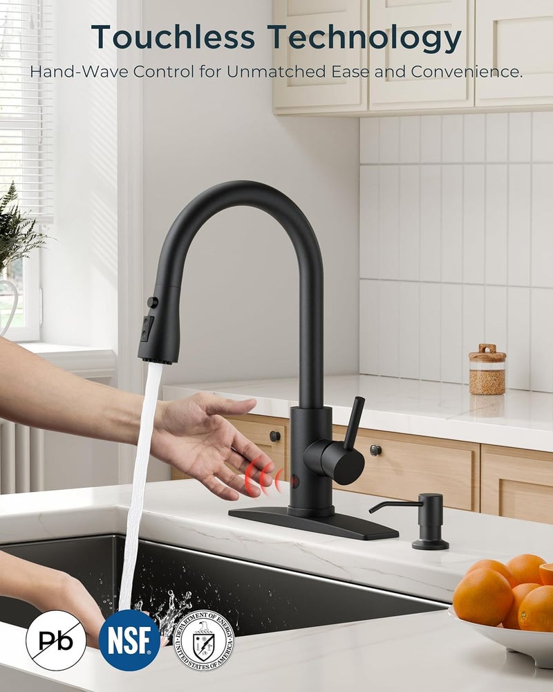 FORIOUS Black Touchless Kitchen Faucet with Soap Dispenser, Hands-Free, Smart Motion Sensor, Contemporary Bar Sink Faucet with Pull Down Sprayer for Farmhouse RV Camper - Image 2