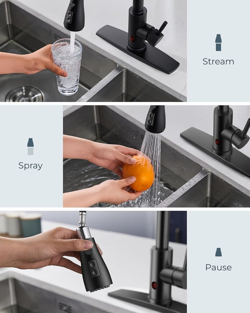 FORIOUS Black Touchless Kitchen Faucet with Soap Dispenser, Hands-Free, Smart Motion Sensor, Contemporary Bar Sink Faucet with Pull Down Sprayer for Farmhouse RV Camper - Image 3