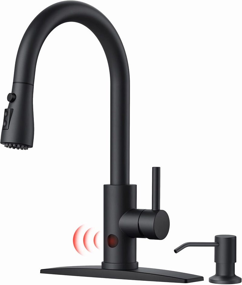 FORIOUS Black Touchless Kitchen Faucet with Soap Dispenser, Hands-Free, Smart Motion Sensor, Contemporary Bar Sink Faucet with Pull Down Sprayer for Farmhouse RV Camper - Image 1